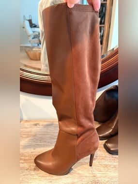 Women's Tall Brown Faux Leather & Suede Knee-High Boots